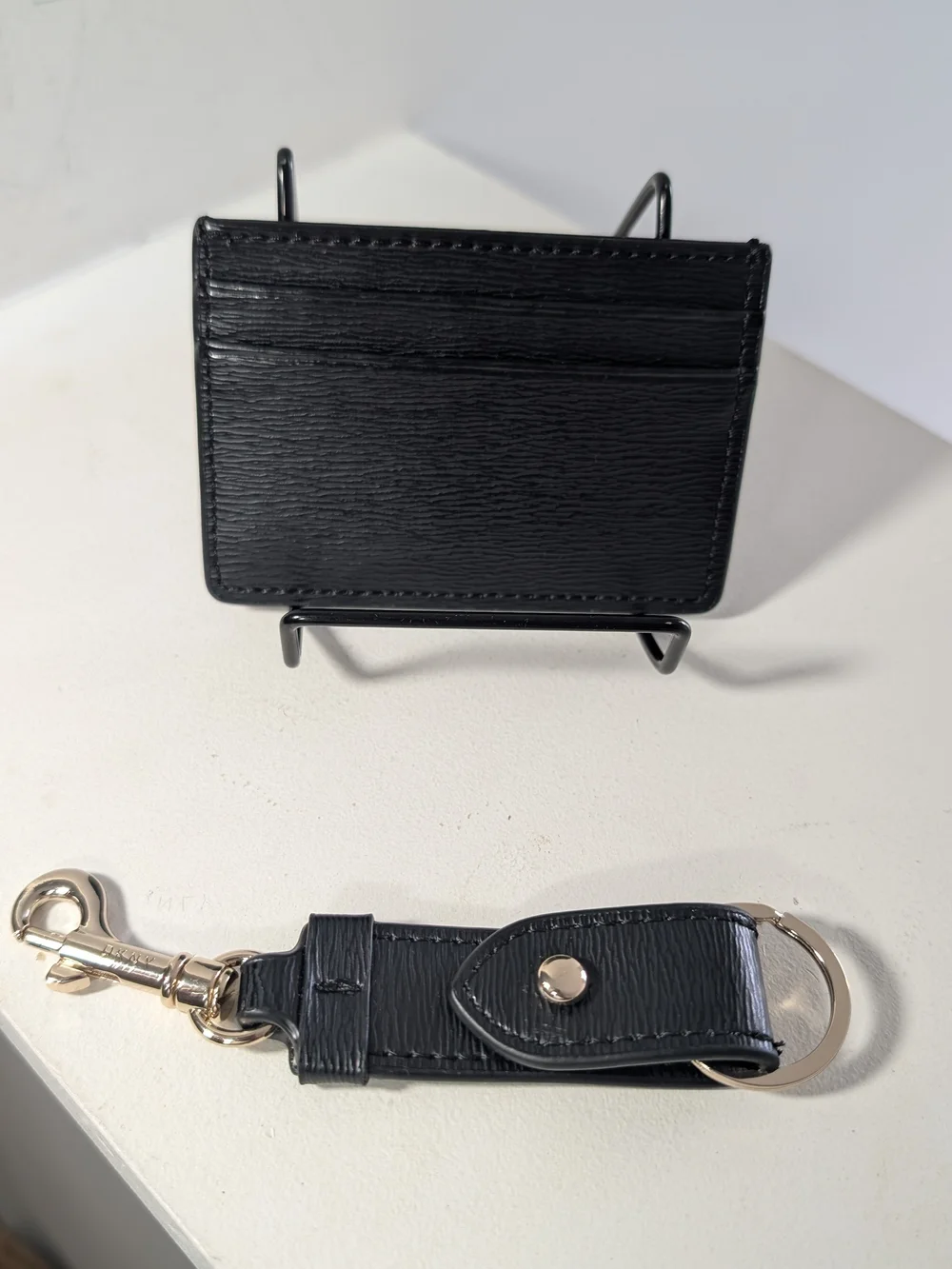 DKNY Black Leather Card Holder and Key Fob with Gold Hardware